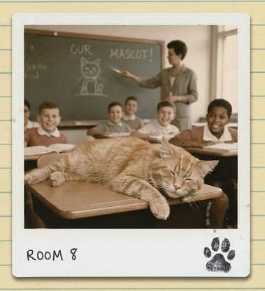 Room 8 the tabby cat lounging on a student desk in a 1950s classroom with smiling children and a chalkboard reading Our Mascot
